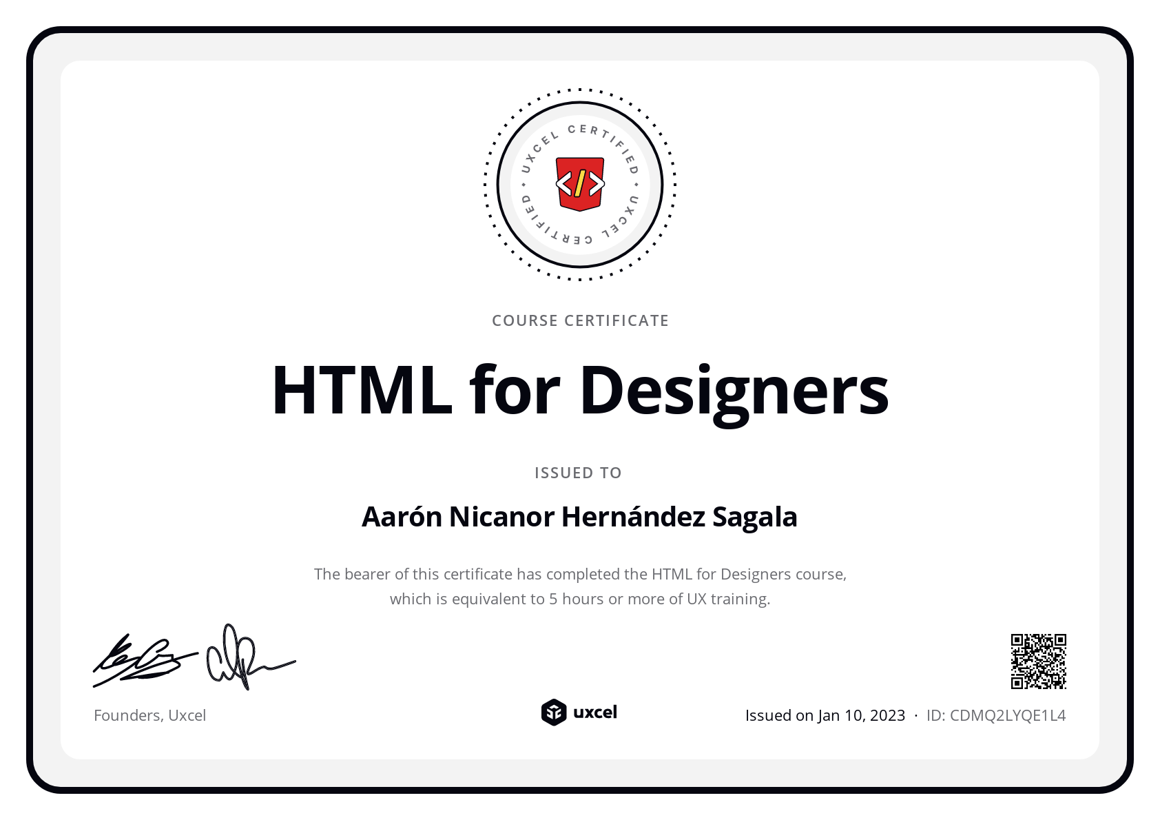 Aarón Nicanor Hernández Sagala's certificate
